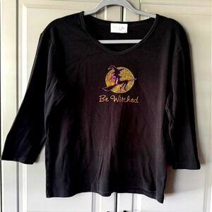 CACTUS BAY Y2K Be Witched Embellished Halloween Print 3/4 Sleeve Blouse, Black,M